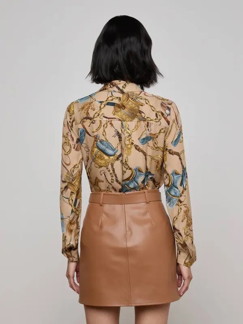 NWT L'AGENCE Nina Silk Blouse in Dark Cappuccino Multi Equestrian Saddle - Picture 3 of 8